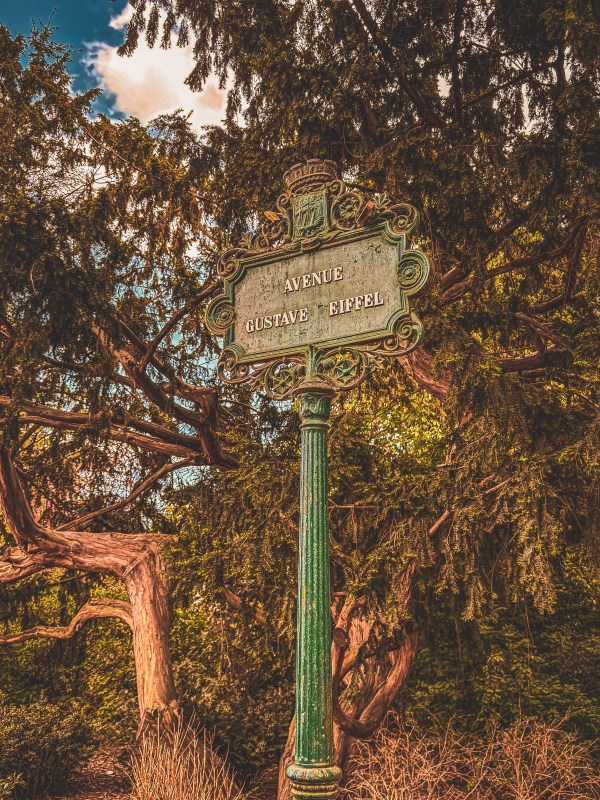 A sign surrounded by foliage in Paris.
