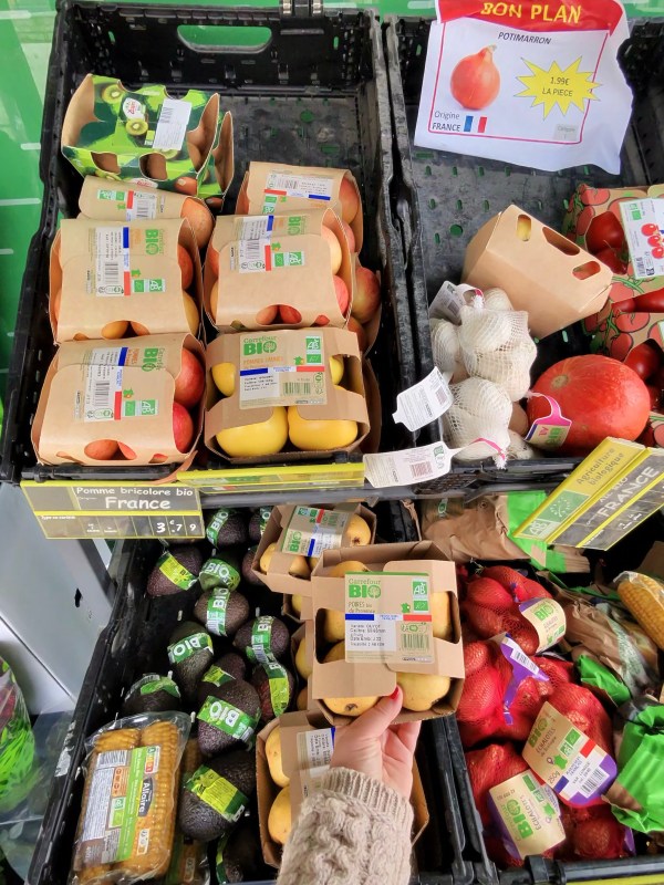 Fresh produce and egg cartons at a Roissy-en-France shop.