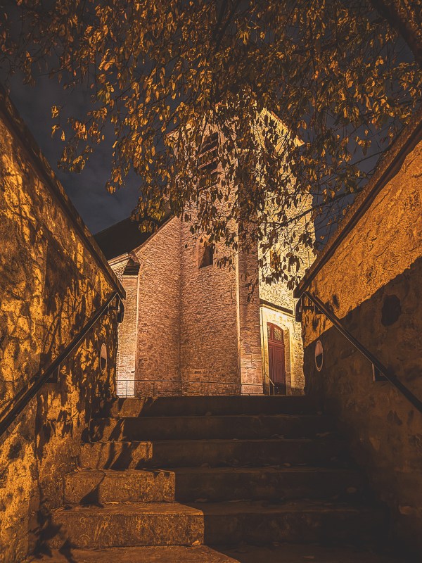 Stone steps beside a building and trees at night in Roissy-en-France.